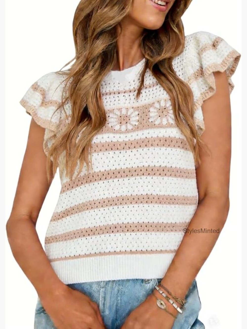 Striped Daisy Floral Ruffle Sleeve Knit Pullover Sweater